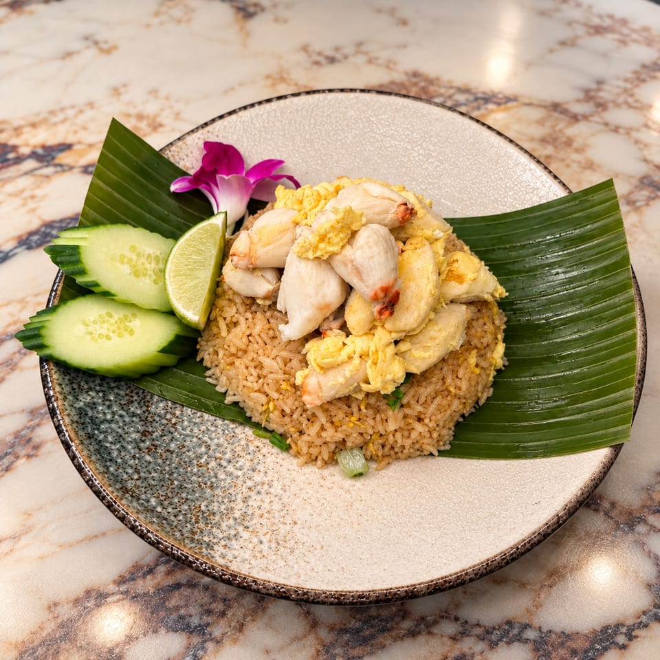 Thai-style fried rice topped with chicken, scrambled egg, cucumber slices, lime, and orchid garnish on a banana leaf.