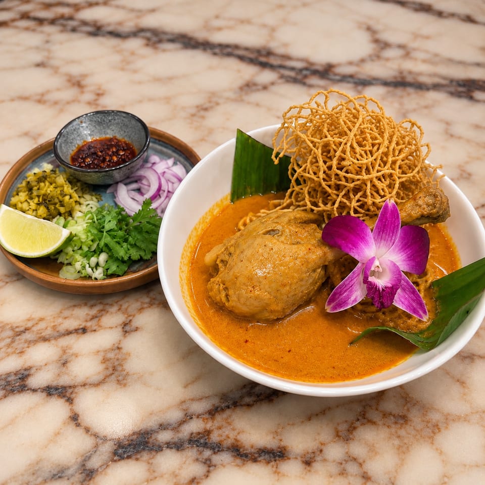 Bowl of chicken in orange curry sauce topped with crispy noodles and orchid, served with herbs, lime, onions, and dipping sauce.